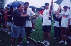 Pete Jelalian with close friend Ken Sarajian at an AYF Olympics where both have been honored as Olympic Kings. Jelalian is best known for his 33 years at Camp Haiastan.