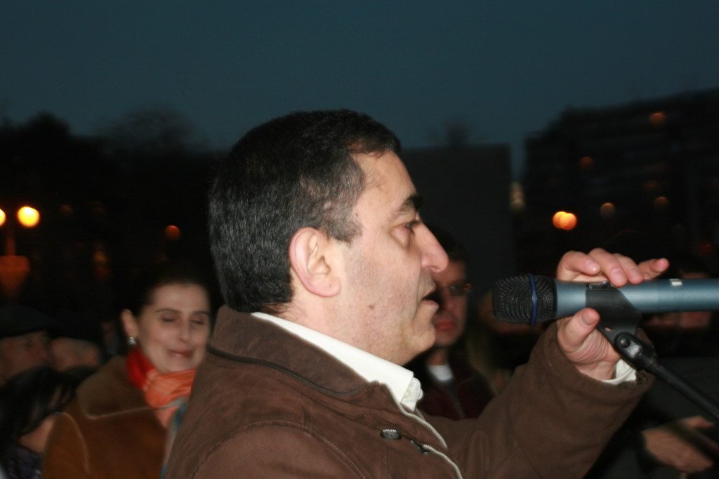 ARF Supreme Council representative Armen Rustamyan addresses the crowd at Freedom Square in Yerevan on Feb. 22. (Photo by Khatchig Mouradian, The Armenian Weekly)