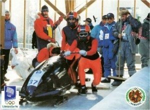 Providence AYF tandem of Joe Almasian and Kenny Topalian prepare to hop aboard their bobsled at the 1994 World Olympic Games in Lillehammer.