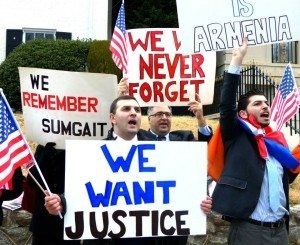 A scene from the protest in front of the Azerbaijani Embassy in Washington, D.C., commemorating the Sumgait, Baku, Kirovabad pogroms 