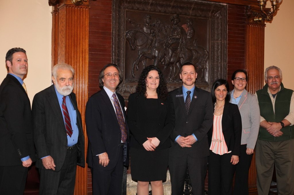 Co-sponsors of the resolution with members of the Armenian community in Maine: (L-R) John Turcotte, Dr. Epiphanes Balian, House Rep. Andrew M. Gattine (co-sponsor), Anna Astvatsaturian Turcotte, House Rep. Scott Hamann (sponsor), House Rep. Sara Gideon (co-sponsor), ANCA ER Exec. Director Michelle Hagopian, and Paul Proudian. (Photo: Nanore Barsoumian, The Armenian Weekly)