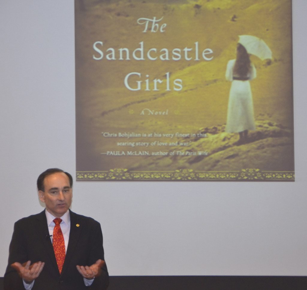 Bohjalian speaking to an audience at Columbia about his book ‘The Sandcastle Girls’ (Photo: Robert V. Kinoian)