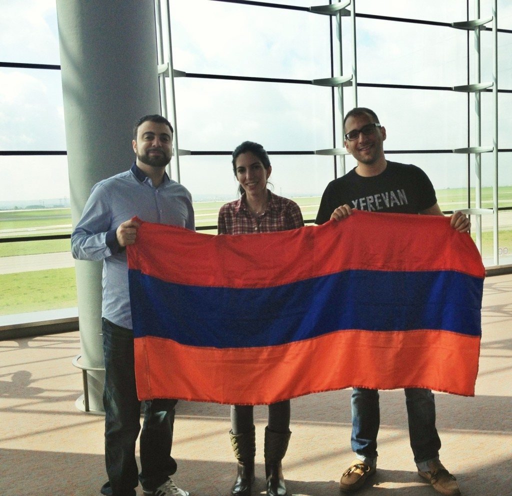 (L-R) Ararad Torosyan, Anoush Frankian, and Roupen Janbazian of Canada in transit in Paris