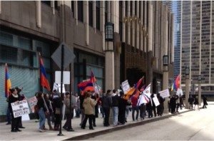 AYF-led protestors demonstrating in front of the Turkish Consulate at the NBC Tower in Chicago