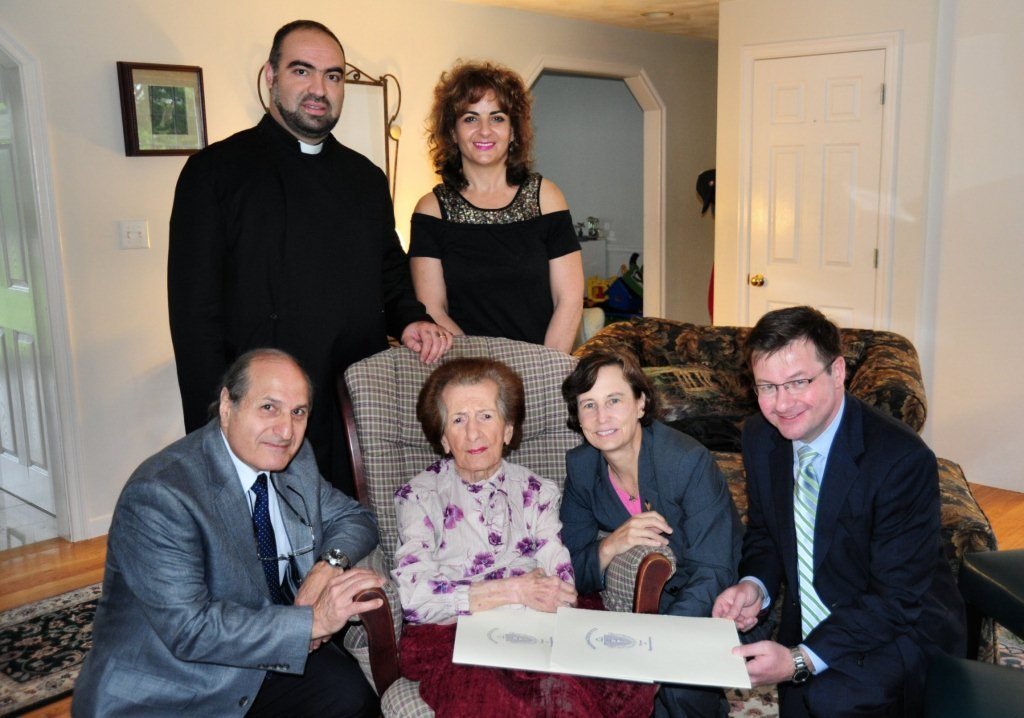 Massachusetts Gov. Deval Patrick honored Nellie Nazarian, the last Armenian Genocide survivor in Merrimack Valley, with a special proclamation from the Commonwealth. Front, from left, Jirair Hovsepian, member, Greater Boston Commemorative Committee; Nellie Nazarian, 101; State Rep. Linda Campbell (D-Methuen/Haverhill) and State Rep. Brian Dempsey (D-Haverhill). Rear, Rev. Dr. Vart Gyozalian, pastor, Armenian Church at Hye Pointe, Haverhill, and Debbie Nazarian, Haverhill, with whom she makes her home.