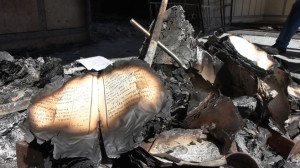 Remains of burned Coptic religious texts outside the al-Amir Tadros Church in Minya city on August 19, 2013 (Copyright Matt Ford-HRW)
