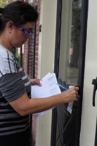 Belmont resident and ANC activist Heather Krafian canvassing for Koutoujian campaign. (Photo by Nanore Barsoumian)