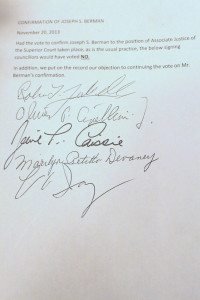 The statement signed by five councilors, declaring that if the vote had taken place as expected on Nov. 20, the undersigned would have voted ‘No.’