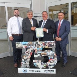 City of Haverhill honored Jaffarian Volvo & Toyota for 75 years of continuous business through four generations. (L-R) Gavin Jaffarian, Mayor James Fiorentini, and brothers Gary and Mark Jaffarian, who spearhead the enterprise.