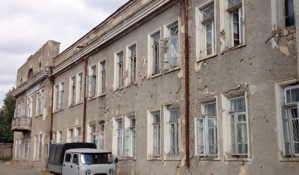 Bombed facade of Central Republic Hospital Stepanakert
