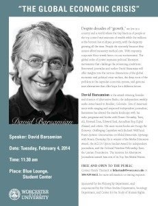 David Barsamian will discuss “The Global Economic Crisis” at WSU on Feb. 4.