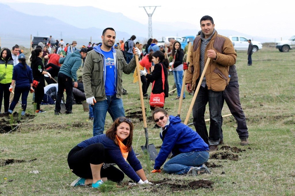 Vache Thomassian (standing left) joined dozens of volunteers on April 18 to plant the first trees in the Sose and Allen Memorial Forest, part of a successful social media campaign between ATP and Sose and Allen’s Legacy Foundation