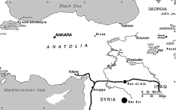 Railway network and death camps at Ras al-Ain, Aleppo and Der Zor, the latter an important final destination point (modified from the Armenian National Institute www.armeniangenocide.org/map-southeast.html).