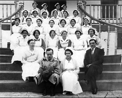 A group of Armenian nurses in 1921 at the Annie Riggs Memorial Hospital in Mezireh, near Kharpert