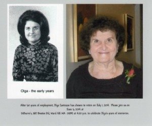 Olga Sarkisian during the early years, and as she appears now after 60 years with the Andover Companies.