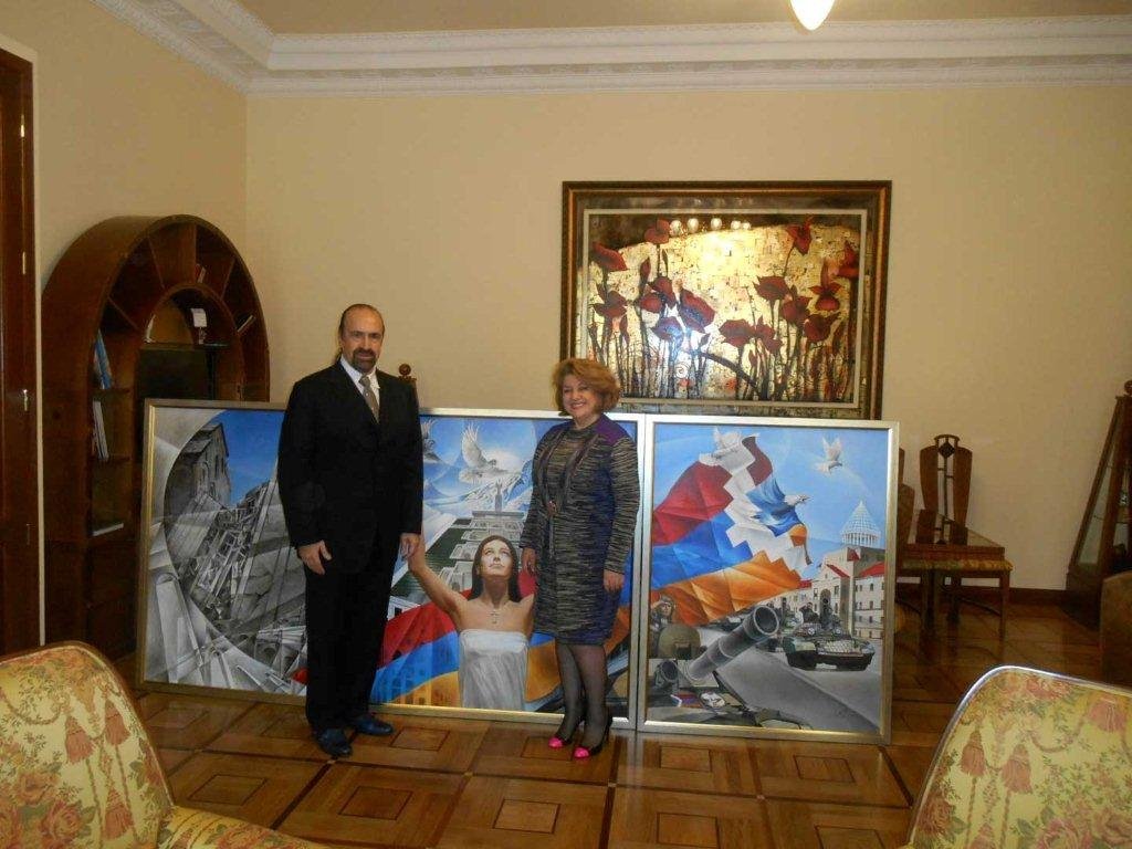 Armenia’s First Lady Rita Sargsyan greets Hejinian at the Presidential Palace in Yerevan.