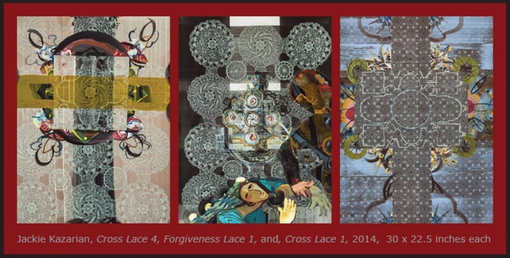 'Cross Lace 4,' 'Forgiveness Lace 1,' and 'Cross Lace 1,' by Jackie Kazarian
