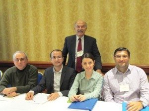 Panel on the Armenian Genocide and its aftermath with (L-R) Rouben Adalian, Khatchig Mouradian, Asya Darbinyan, and Umit Kurt; (standing) panel chair Prof. Barlow der Mugrdechian