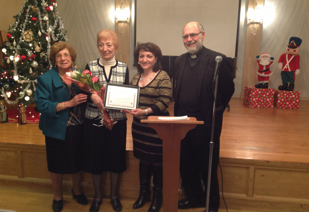 Certificate of appreciation recipient Sona Zerdelian Iradian with Nevart Kouyoumjian, Nartouhi Abrimian, and Fr. Antranig Baljian. 