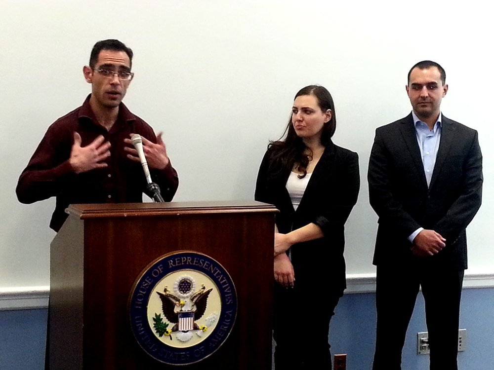 Baku anti-Armenian atrocities survivors Vitaliy Dadalyan, Julia Papiyan, and Marat Khoudabakhshiev share their stories during the ANCA Capitol Hill briefing. 