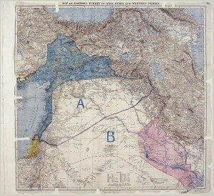 Map of the Sykes–Picot Agreement between the British and the French. (Royal Geographical Society, 1910-15. Signed by Mark Sykes and François Georges-Picot, 8 May 1916.)
