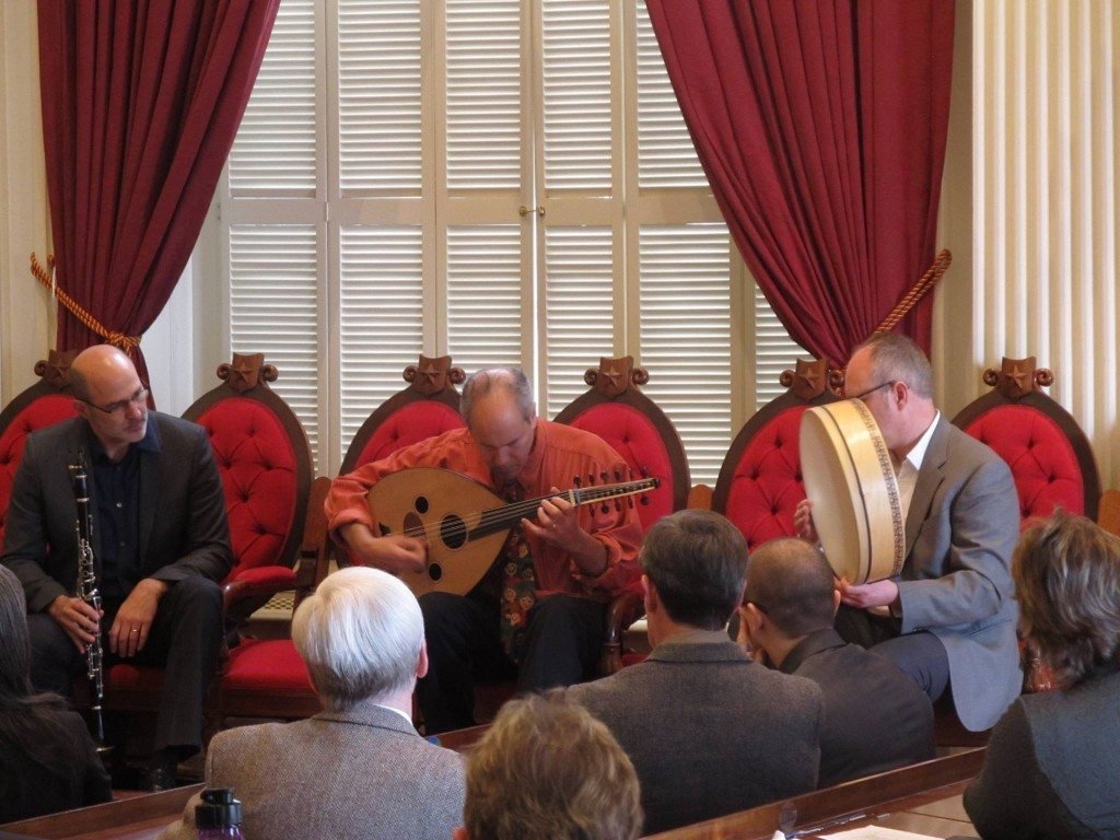 Lokum's Jeff Davis, Peter Bingham, and Charlie Jones play Armenian music during the Vermont State Legislature morning devotional, beginning with Gomidas' Kele Kele.