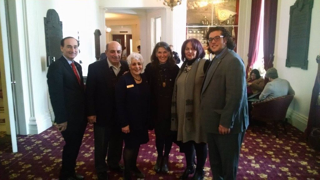 Author Chris Bohjalian, Harvey Bazarian, Rep. Joan Georges Lenes, author Dana Walrath, Arsho Aghjayan, and ANC Vermont's Nareg Aghjayan following the unanimous adoption of the Armenian Genocide Centennial resolution by the Vermont legislature.