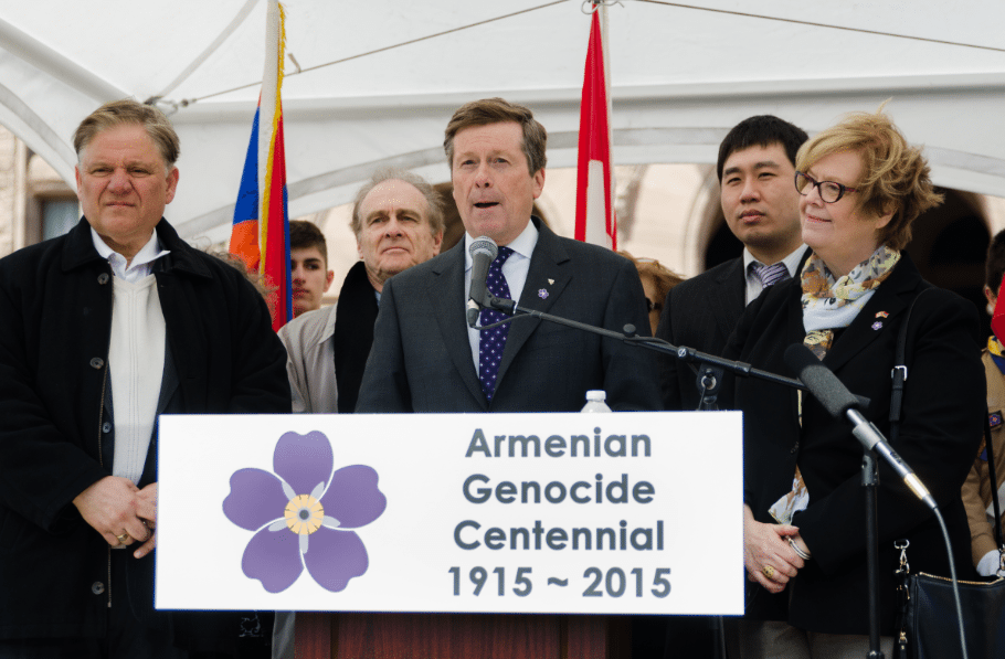 Toronto Mayor John Tory accompanied by members of the Toronto City Council. The mayor reaffirmed his promise to build a public monument in memory of the victims of the Armenian Genocide. (Photo: Ishkhan Ghazarian)