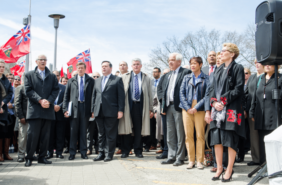(L-R, front row) Armenian National Committee of Toronto member Mark Atikian; Toronto Mayor John Tory; the Hon. Jason Kenney, Canadian Minister of National Defense; John Carmichael, Canadian member of parliament; Soo Wong, Ontario member of provincial parliament; and the Hon. Kathleen Wynne, premier of Ontario. (Photo: Ishkhan Ghazarian)