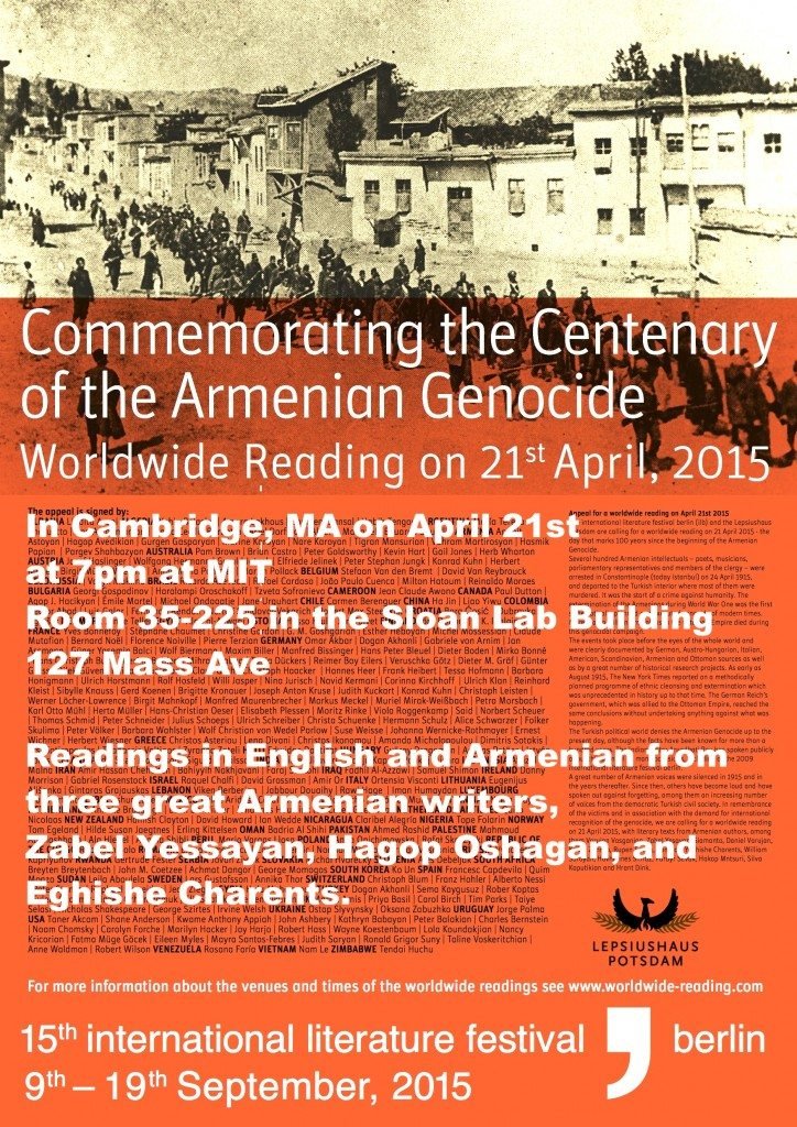 “Worldwide Reading for Armenia” will pay tribute to great Armenian writers in a series of read-ings, all on Tues., April 21. 