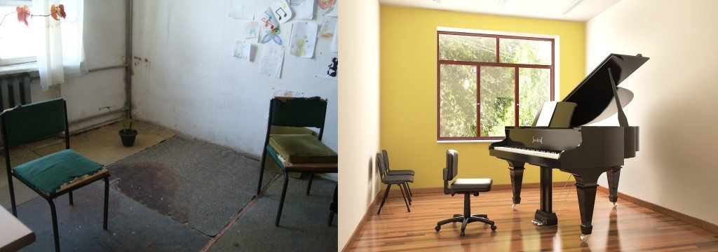 Current condition of the music classroom (left); Rendering of the renovated music classroom (right)