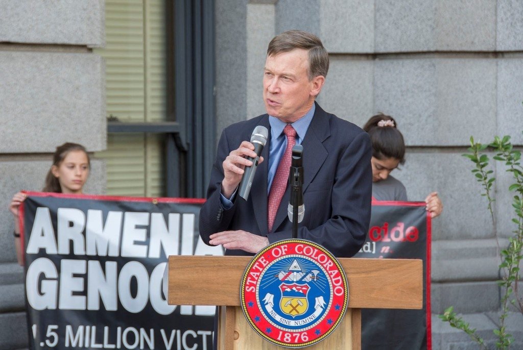 Governor Hickenlooper speaking at the unveiling of the khachkar (Photo: Kevo Hedeshian)