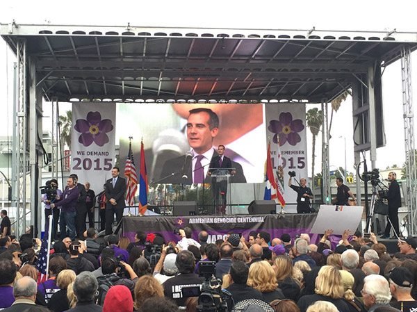 Los Angeles Mayor Eric Garcetti spoke to the crowd of demonstrators before the start of the march. (Photo: Nyrie Dikijian)
