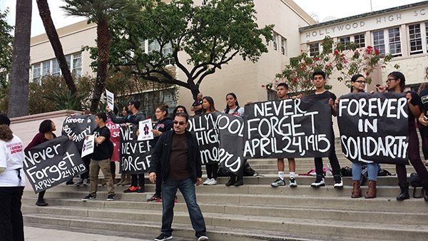 Hollywood High School students stood on the steps of their school along the route of the March for Justice to express their solidarity with those marching by. (Photo: Asbarez)