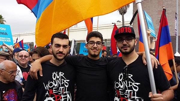 High school students Narek Davoodian, Tedeh Grigorian, and Armond Vardumyan at the March for Justice. (Photo: Asbarez) 