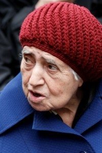 Sole genocide survivor Vartouhi Avedisian, 102, takes her venerable, yet secluded, place among the thousands in Times Square on April 26. (Photo: Tom Vartabedian)