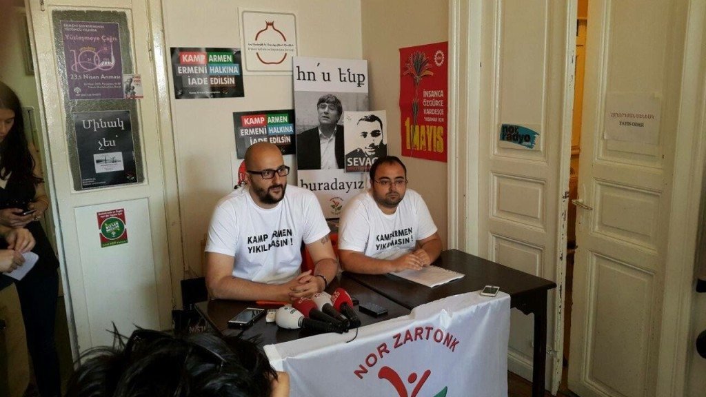 3.Uraz Kaspar and Sayat Tekir of the Nor Zartonk Youth Movement in a press conference on June 4 (Photo: Kamp Armen Yıkılmasın Facebook page)