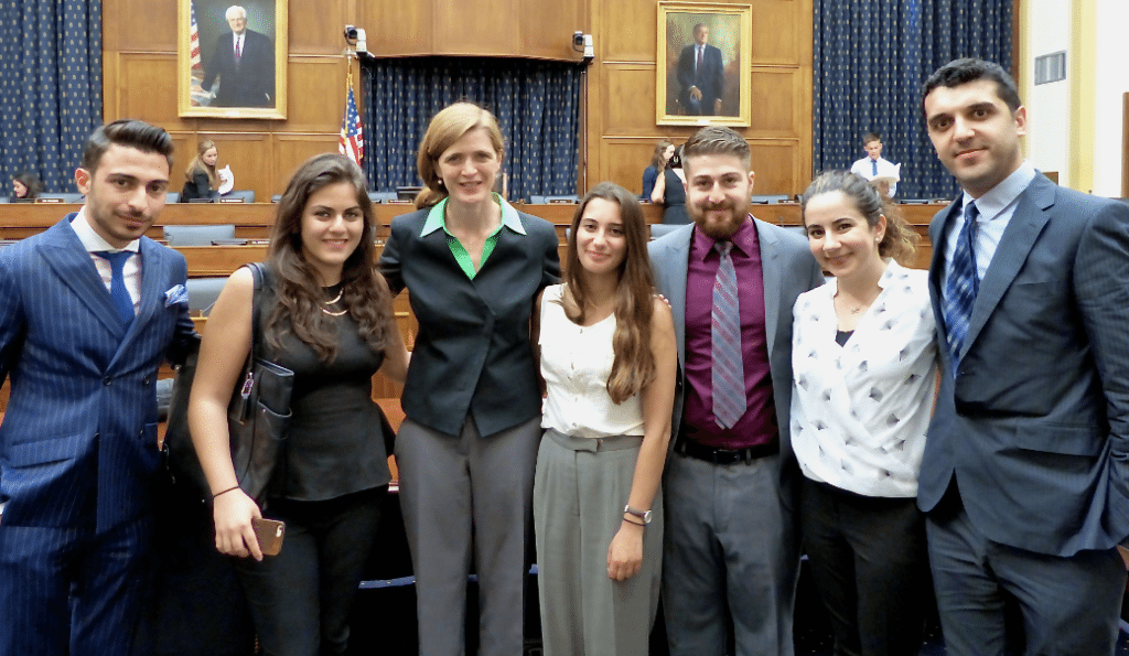 The 2015 ANCA Leo Sarkisian interns with U.S. Ambassador to the U.N. Samantha Power following a hearing at the House Foreign Affairs Committee.