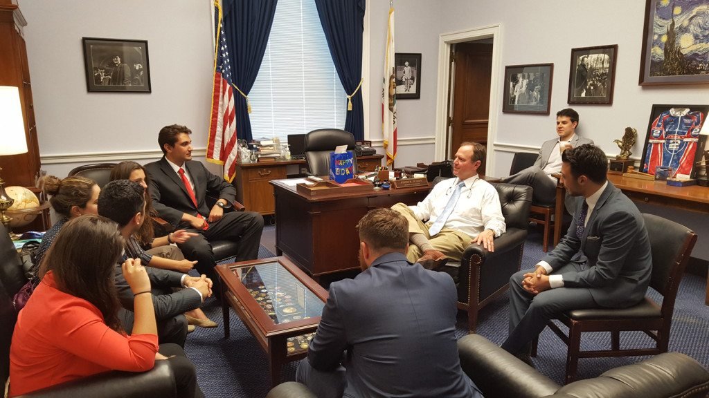 2015 ANCA Leo Sarkisian Internship team meeting with House Intelligence Committee Ranking Democrat Adam Schiff (D-CA). The interns sang "Happy Birthday,” in Armenian, to mark the Congressman's special day, coming up next week.