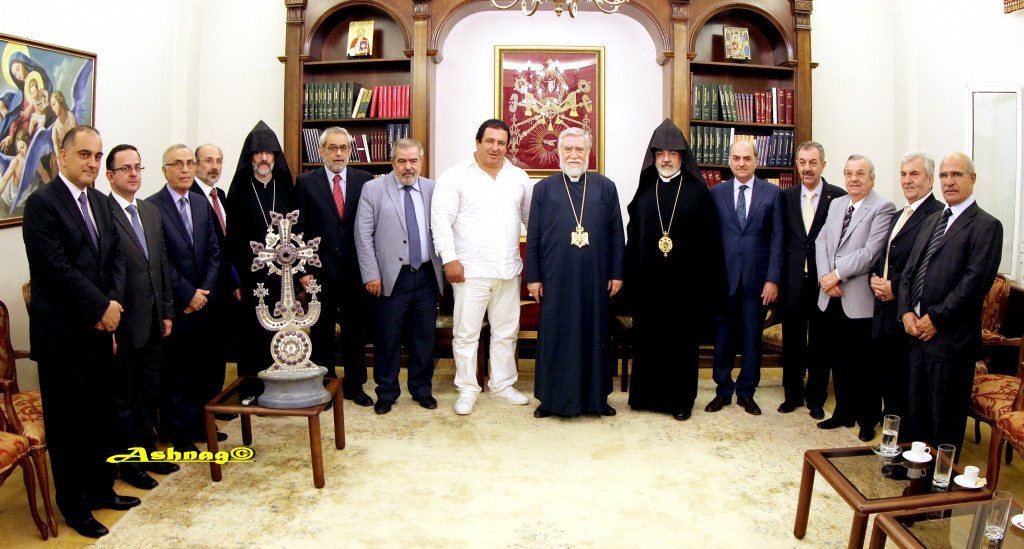 Armenian businessman Gagik Tsarukyan and His Holiness Aram I (center) during the former’s visit to the Catholicosate on July 24