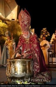 Aram I mixing the Holy Muron with the relic of the right hand of St. Gregory the Illuminator.