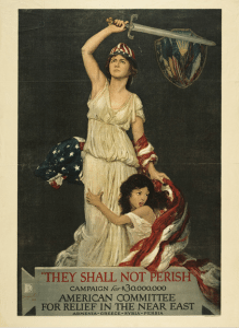 1.1918 poster by Douglas Volk depicts a young girl, symbolizing the Near East, clinging to the legs of a woman holding a sword and U.S. flag, symbolizing America (Photo: Near East Foundation)