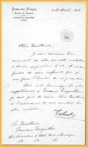 A letter from Talaat Pasha to Ambassador Henry Morgenthau, dated April 24, 1915, accepting an invitation to dine that evening.