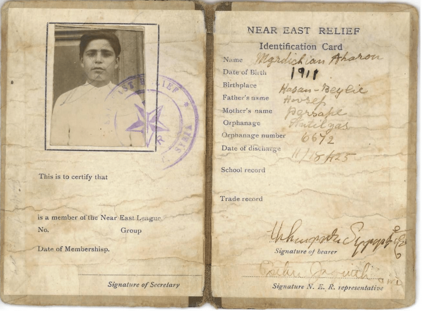 The Near East Relief ID of orphaned Armenian Genocide survivor Aharon Meguerditchian