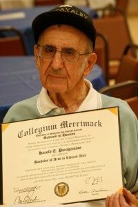 Harold Paragamian, 91, displays the liberal arts degree he received from Merrimack College, North Andover. (Photo: Tom Vartabedian)