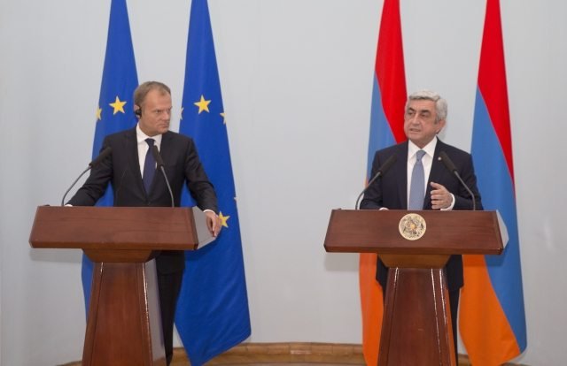 In a press conference with President Serge Sarkisian, Tusk said that the EU respects Armenia’s integration choice and is ready to expand relations with the country (Photo: European Council website)
