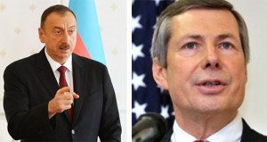 President Ilham Aliyev of Azerbaijan (L) and the US Co-Chairman of the OSCE Minsk Group James Warlick (R)