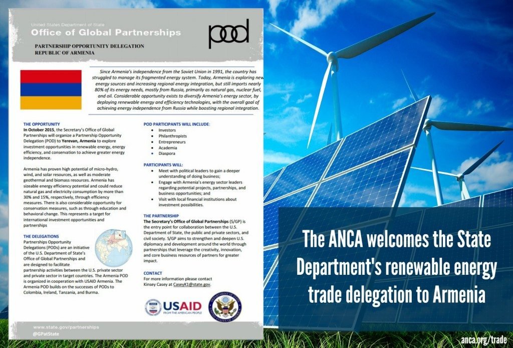 The U.S. State Department is coordinating a U.S. trade delegation to Armenia in October, to explore partnerships in the renewable energy sector.
