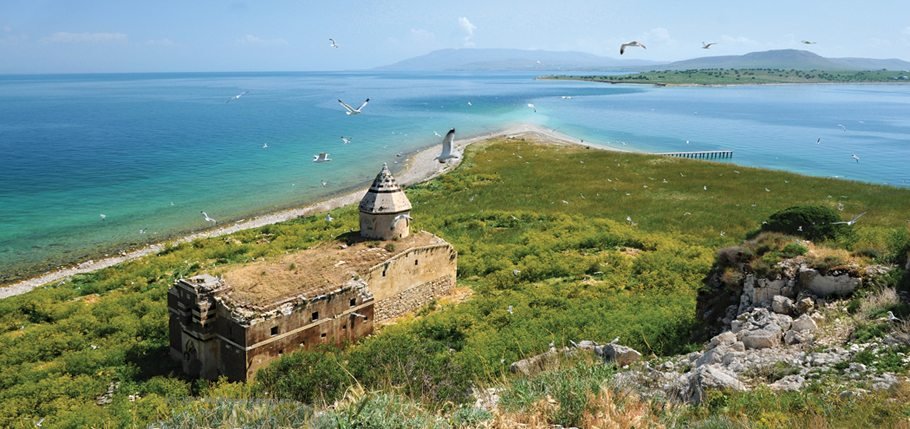 The church of Sourp Garabed is the last intact structure of the Armenian monastery on Ktuts Island in Lake Van. Ruins of other structures, including the remnants of monks’ cells and a cemetery, are still present. (Photo by Matthew Karanian, reprinted with permission from ‘Historic Armenia After 100 Years.’)