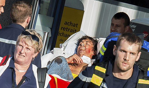 Moogalian being rushed to the hospital following the attack (Photo: The Telegraph) 